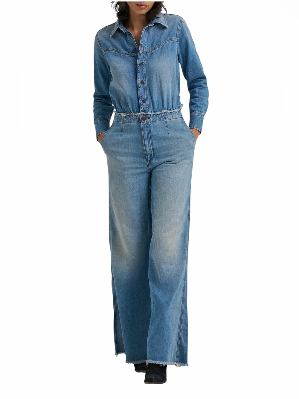 Wrangler Radiating Denim Jumpsuit Womens Small Blue New Wide Leg Western Cutout